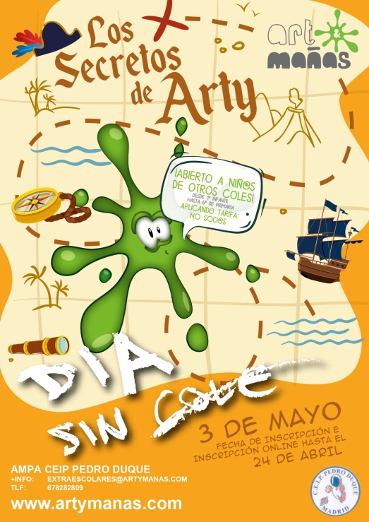 Cartel Día sin cole 3 de Mayo AMPA CEIP Pedro Duque Art&amp;Mañas