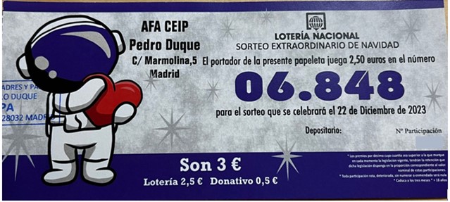 Imagen participación lotería de Navidad de la AFA Pedro Duque con el número 06.848